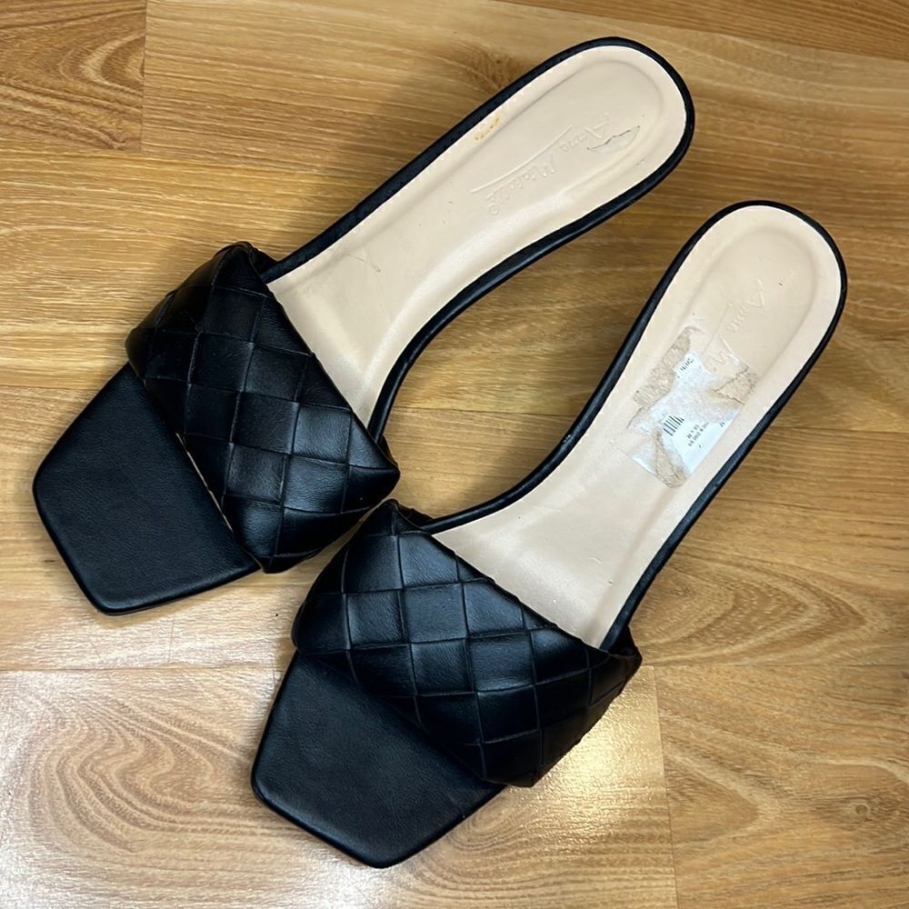 Anne Michelle Black Leather Weave Heels Womens 10